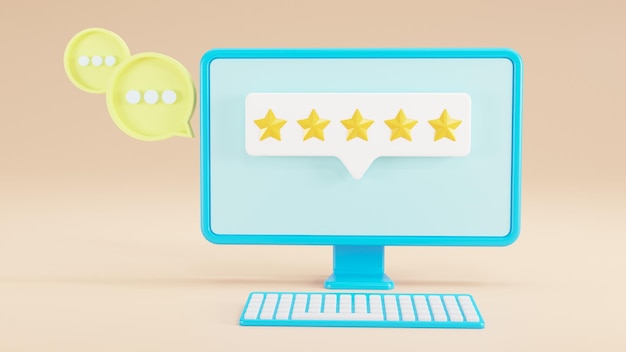 Lo schermo 3D del computer feedback dei clienti recensioni a cinque stelle servizio di commenti acquisti online del cliente