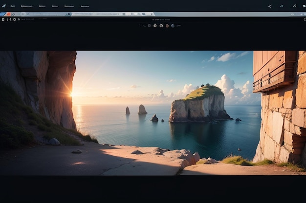 Lo schermo di un computer con la foto di una spiaggia e un tramonto.