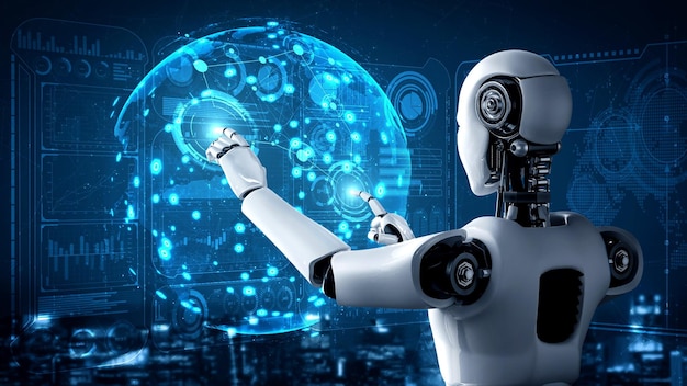 Lo schermo di un ologramma toccante di un robot ominoide AI mostra il concetto di comunicazione globale