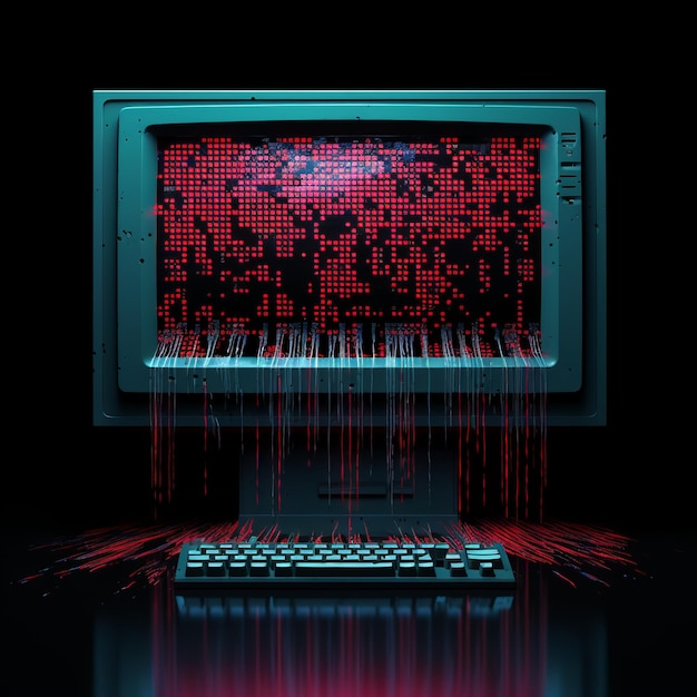lo schermo di un vecchio computer con tastiera e mouse sopra