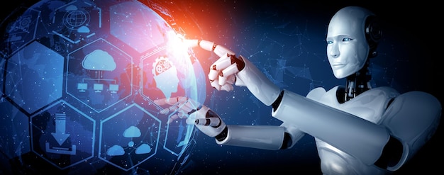 Lo schermo olografico toccante del robot umanoide MLP AI mostra il concetto di comunicazione globale