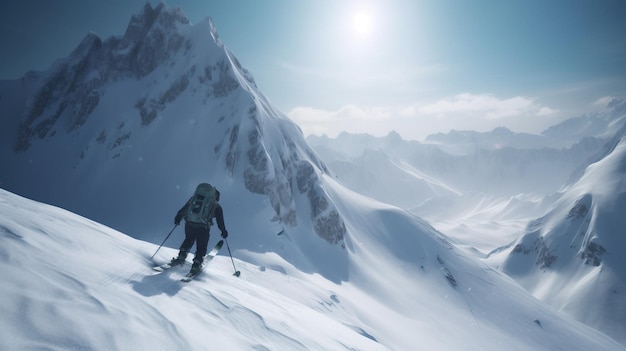 Lo sciatore sullo sfondo della montagna innevata sotto i raggi del sole scende rapidamente Vacanze invernali attive