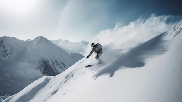 Lo sciatore sullo sfondo della montagna innevata sotto i raggi del sole scende rapidamente Vacanze invernali attive