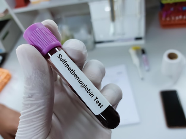 Lo scienziato tiene un campione di sangue per il test della sulfmetemoglobina.