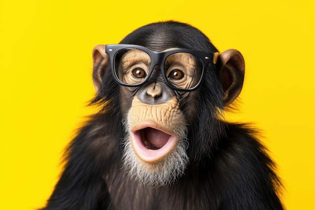 Lo scimpanzé sorpreso indossa occhiali su uno sfondo giallo brillante