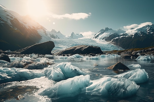 Lo scioglimento dei ghiacciai del polo nord a causa delle alte temperature riscalda il sole splendente che inonda la neve