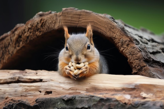 Lo scoiattolo con le guance piene di anacardi all'interno di un tronco cavo