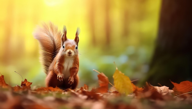 Lo scoiattolo nella foresta d'autunno alla ricerca di noci