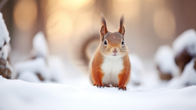 Lo scoiattolo rosso esplora il terreno nevoso dell'inverno