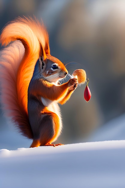 Lo scoiattolo rosso prende una noce dalle mani