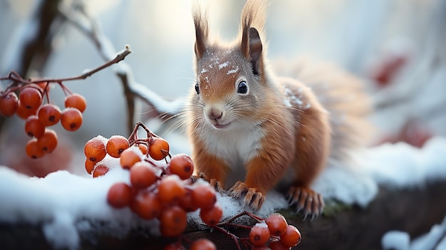 Lo scoiattolo rosso si siede su un ramo nella foresta invernale e mangia bacche rosse