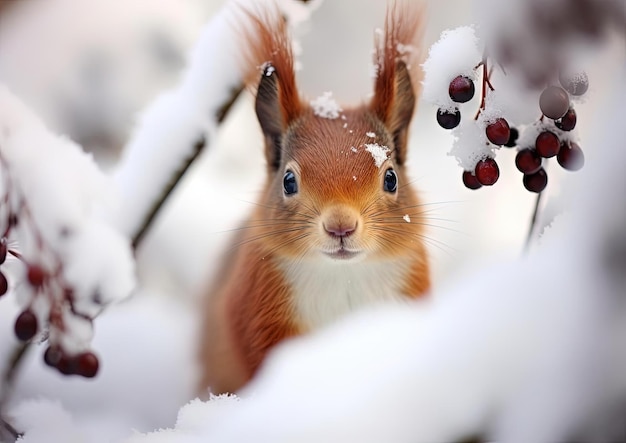 Lo scoiattolo rosso sta mangiando in un boschetto coperto di neve nello stile di Elke Vogelsang