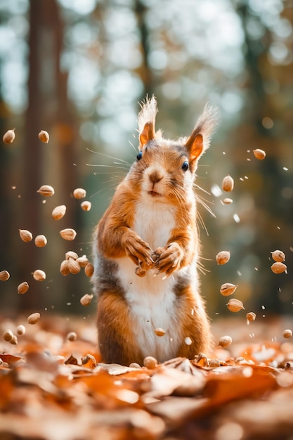 Lo scoiattolo sta giocando con le noci nella foresta.