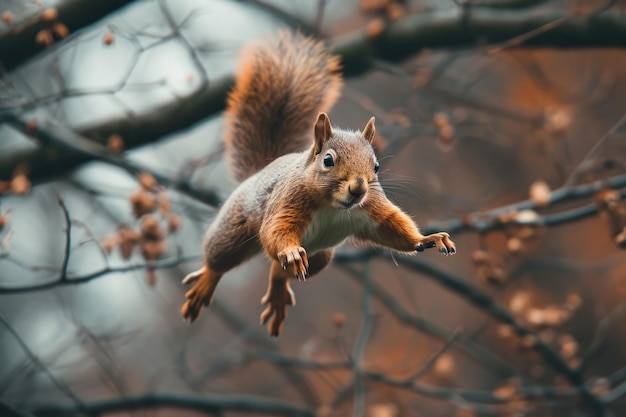 Lo scoiattolo veloce e agile salta tra i rami degli alberi