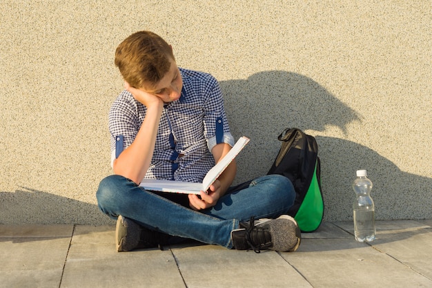 Lo scolaro dell&#39;adolescente legge il manuale