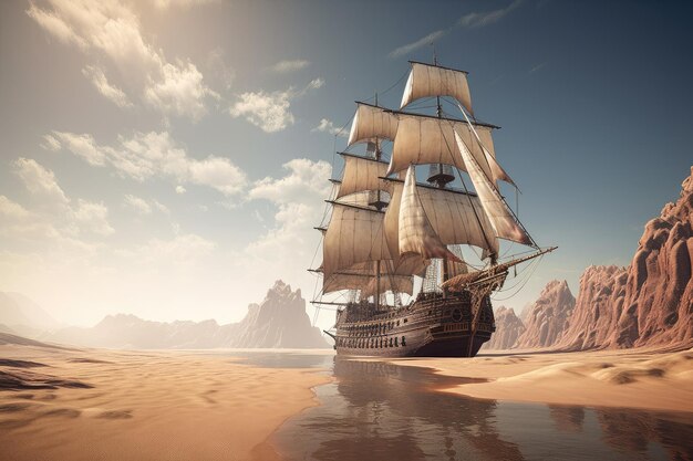 Lo sconcertante miraggio di una gigantesca nave che naviga nel deserto con vele gonfie e alberi torreggianti
