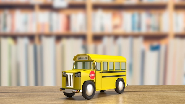 Lo scuolabus sulla tavola di legno per l'istruzione o il concetto di trasporto 3d renderingxA