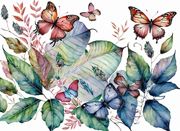 Lo sfondo ad acquerello contiene farfalle e foglie di bellissimi colori
