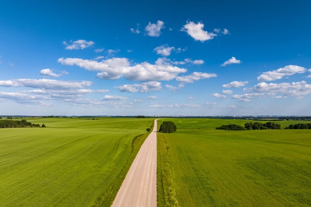 Lo sfondo del cielo blu con grandi nuvole a strisce bianche in campo con il panorama del cielo blu della strada sterrata può essere utilizzato per la sostituzione del cielo