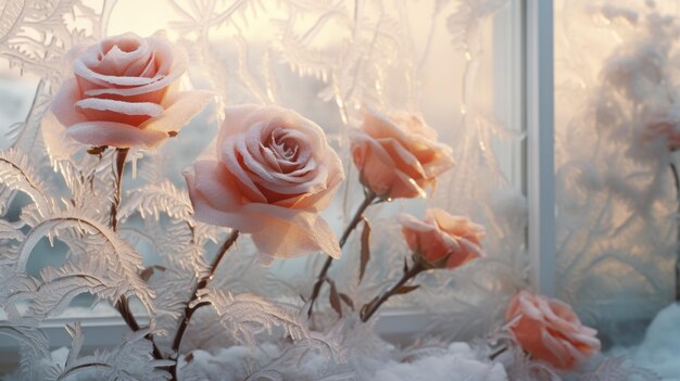 Lo sfondo del gelo sulla finestra è in rosa di rame