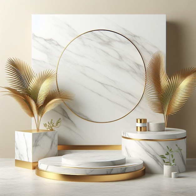 Lo sfondo del prodotto è in stile moderno con podio in marmo e foto di foglia di palma dorata