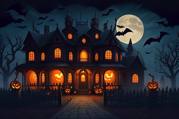 Lo sfondo della casa infestata di Halloween in design piatto