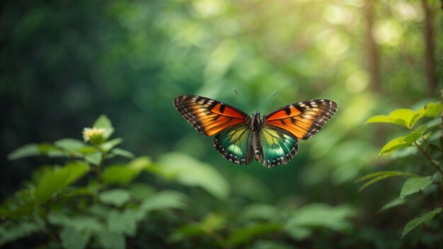 Lo sfondo della natura con una bellissima farfalla volante con la foresta verde