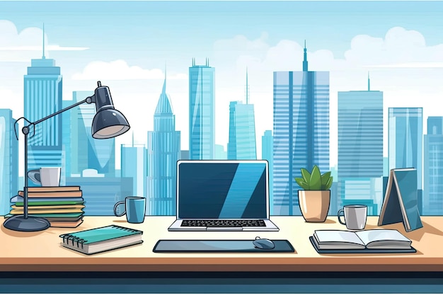 Lo sfondo di un posto di lavoro moderno è una città con un laptop e forniture per ufficio
