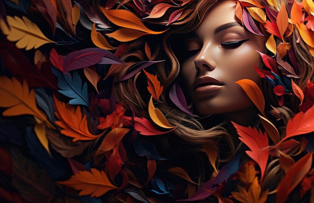 Lo sfondo di una bella donna circondata da foglie colorate un'illustrazione ideale per rappresentare l'autunno AI creativa