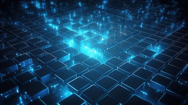 Lo sfondo digitale della tecnologia brilla di blu con il tema della tecnologia su uno sfondo scuro