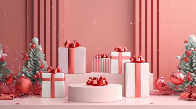 Lo sfondo è un rendering 3D con scatole regalo decorate e ornamenti di Natale Una vetrina festiva con piedistalli vuoti è disponibile per la presentazione di prodotti