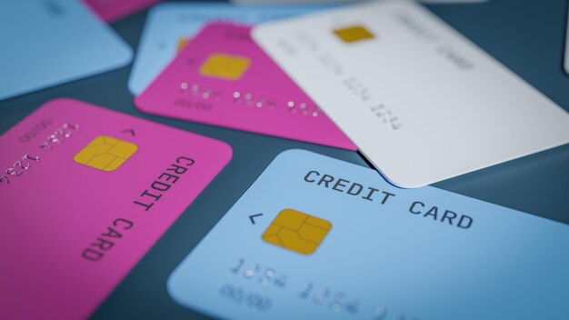 Lo sfondo in primo piano di varie carte di credito colorate rendering 3D