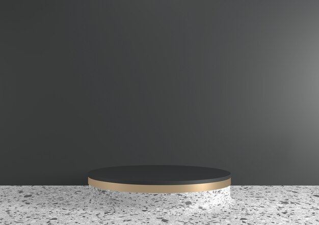 Lo sfondo moderno in granito nero e il podio bianco mostrano il prodotto cosmetico geometrico. Rendering 3D