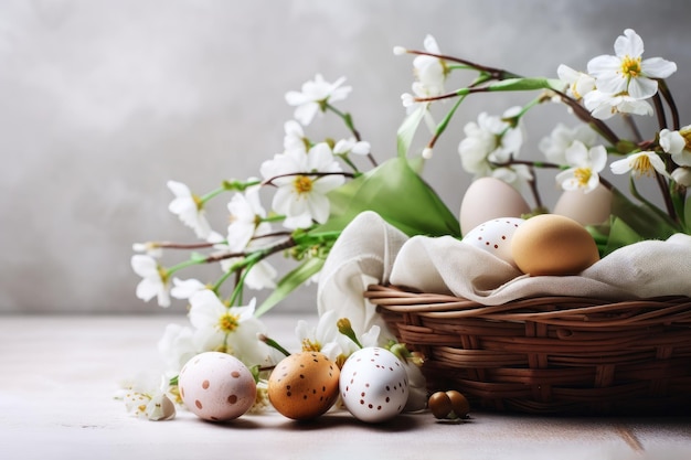 Lo sfondo per gli auguri di Pasqua presenta uova di Pasqua e fiori