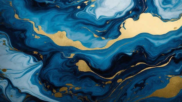 Lo sfondo presenta un modello astratto blu e oro formato dal flusso di colori da un'arte a inchiostro liquido in marmo con linee dorate