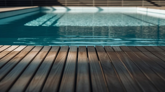 Lo sfondo rinfrescante della piscina dell'hotel migliora la cattura di una superficie di legno vuota