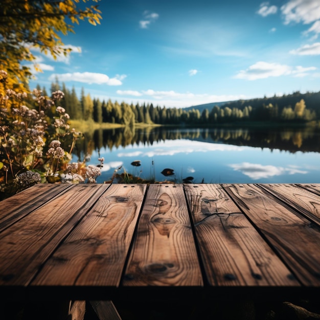 Lo sfondo sereno del tavolo di legno accanto a un lago forestale con spazio per la copia per i social media