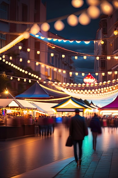 Lo sfondo sfocato astratto del bokeh delle luci decorative della corda del festival pende e si illumina all'aperto a Nig