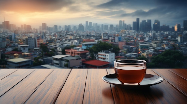 lo sfondo sfocato della città occupata guardò dalla finestra una tazza di tè sul tavolo di legno