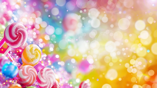 Lo sfondo vivace di Candyland con una serie di caramelle colorate Disegno stravagante e delizioso