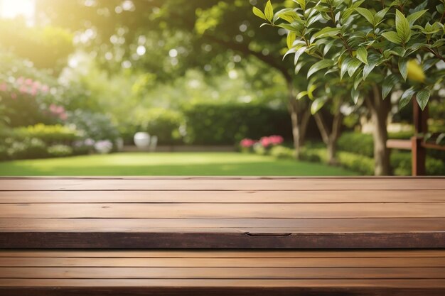 Lo sfondo vuoto del tavolo di legno del giardino del tè