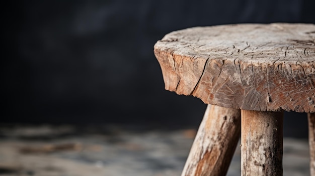 Lo sgabello di legno rustico in primo piano del fascino vintage e del grano naturale