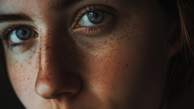 Lo sguardo intenso catturato in primo piano di una donna con occhi blu vivaci e pelle freccata