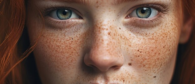 Lo sguardo intenso di una persona con i capelli rossi di fuoco e una costellazione di lentiggini che rivela la bellezza unica nella diversità umana