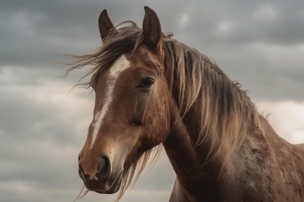 Lo sguardo penetrante del cavallo contro il cielo nuvoloso incorniciato dalla criniera selvaggia