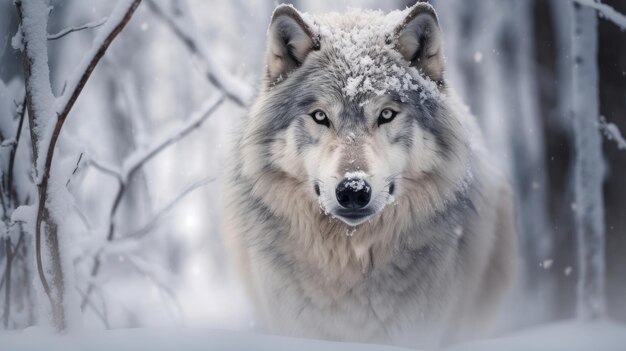 Lo sguardo sereno di un lupo della foresta innevata