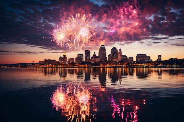 Lo skyline della città e i fuochi d'artificio specchiati in un fiume durante una celebrazione IA generativa