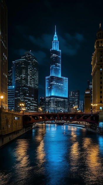 Lo skyline di Chicago di notte.