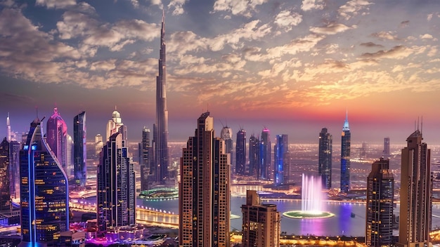 Lo skyline di Dubai la sera