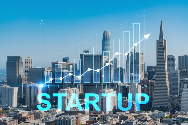 Lo skyline di San Francisco dalla Coit Tower al Financial District e ai quartieri residenziali California US Startup lancia un progetto per cercare e sviluppare un modello di business scalabile ologramma